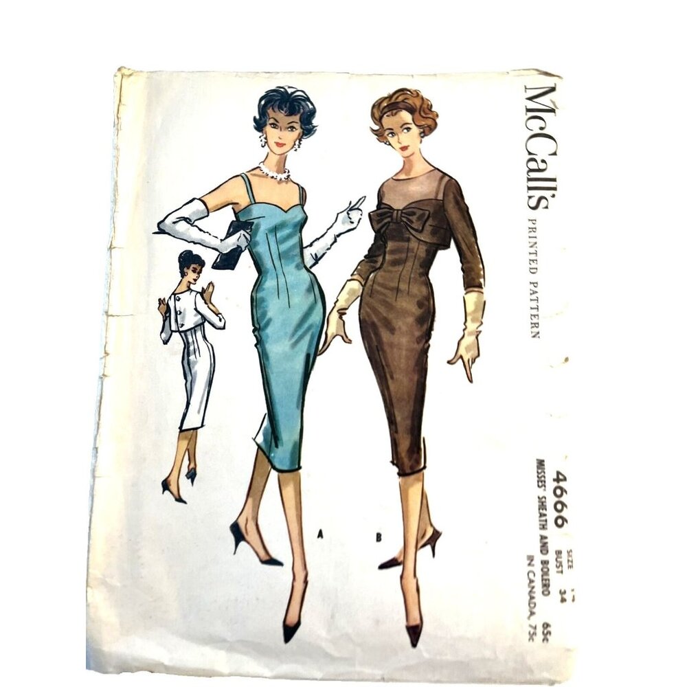 McCalls 4666 Sheath Dress Bolero Bow Detail Midi Length Front Darts Bust 34